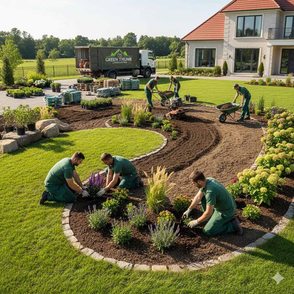 Professional flower bed installation in progress